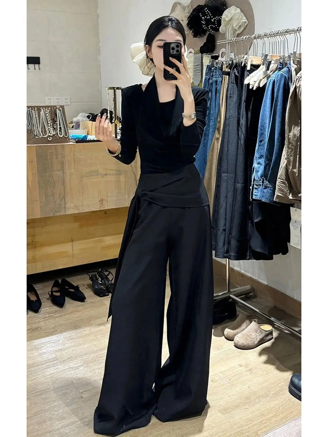 Women's 2-Piece Set: Wrap-Front Long-Sleeve Top Wide-Leg Pants
