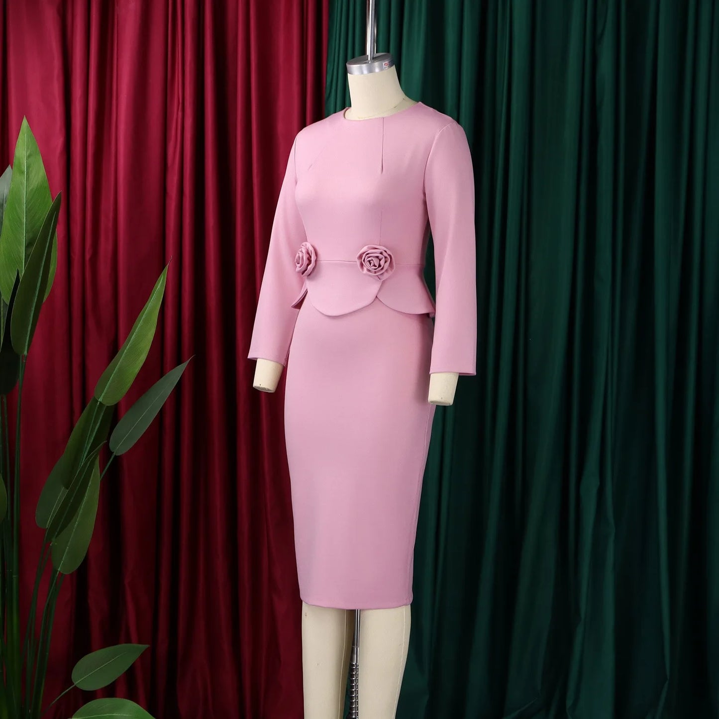 Full Sleeve Floral Decorated Solid Sheath Dress Dress