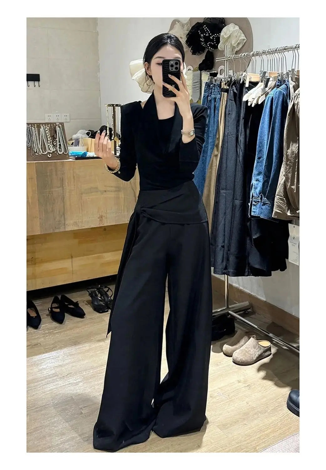 Women's 2-Piece Set: Wrap-Front Long-Sleeve Top Wide-Leg Pants