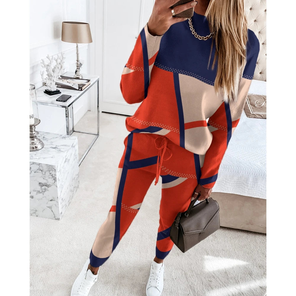 Casual Geometric Print Long Sleeve Two Piece Sets