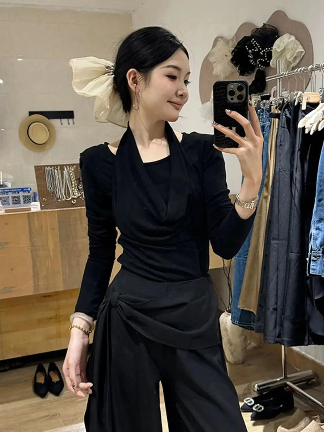 Women's 2-Piece Set: Wrap-Front Long-Sleeve Top Wide-Leg Pants