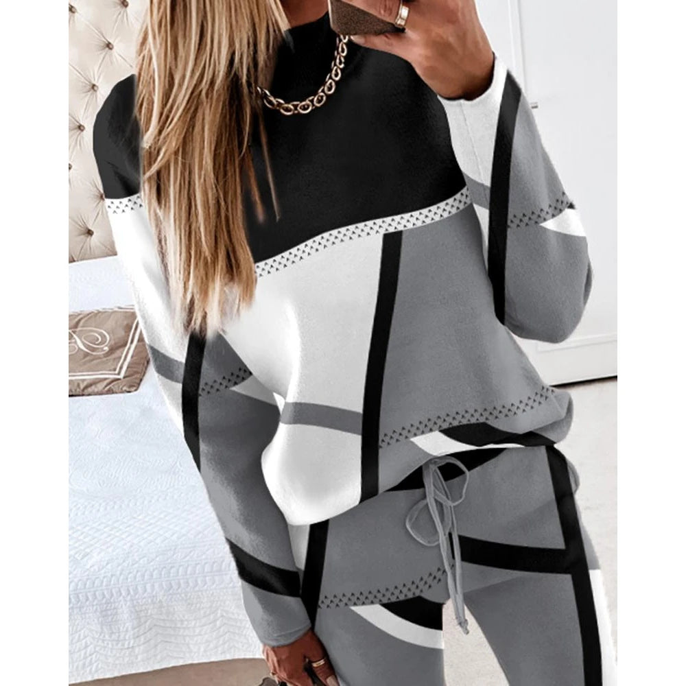 Casual Geometric Print Long Sleeve Two Piece Sets