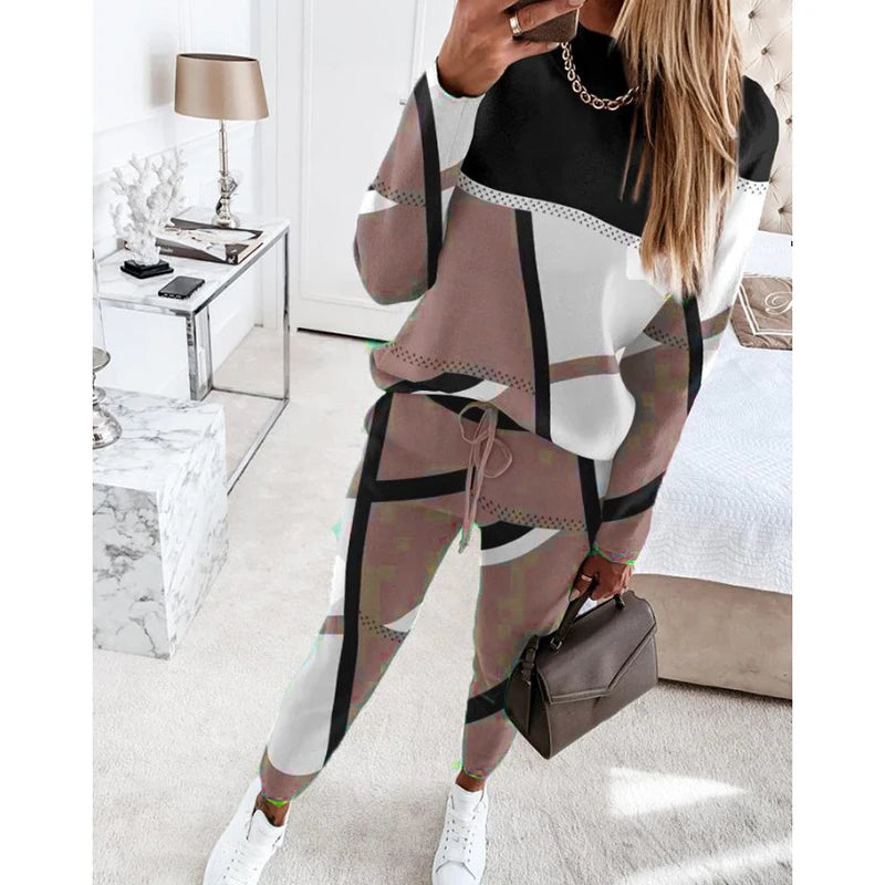 Casual Geometric Print Long Sleeve Two Piece Sets