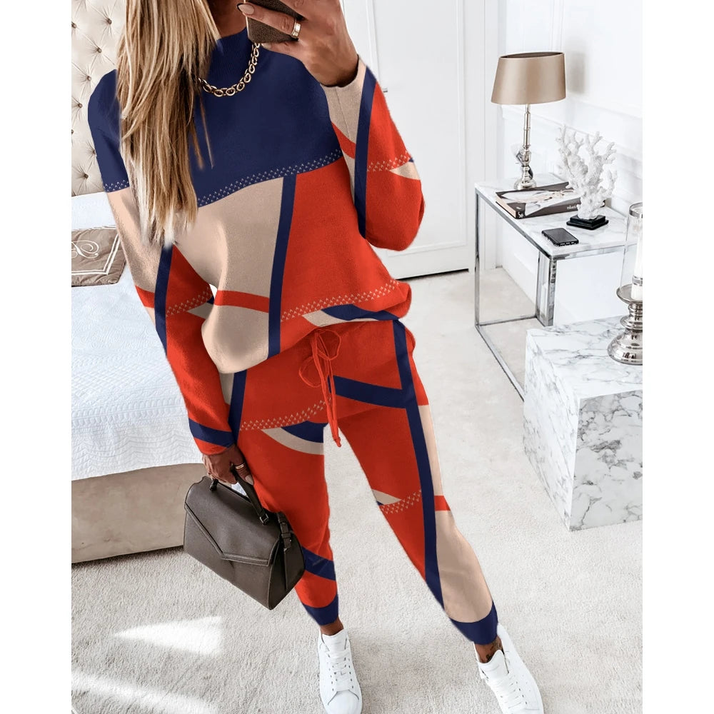 Casual Geometric Print Long Sleeve Two Piece Sets