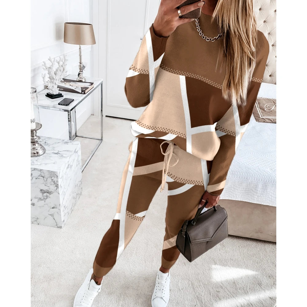 Casual Geometric Print Long Sleeve Two Piece Sets