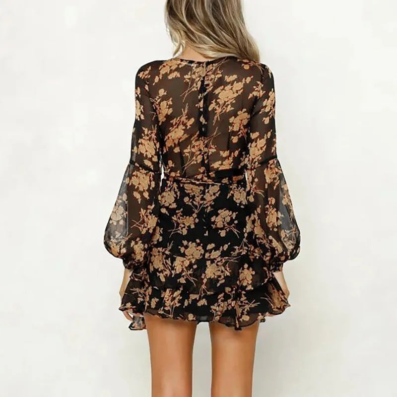 Long Sleeve Bohemian Print Sheer Mesh Dress