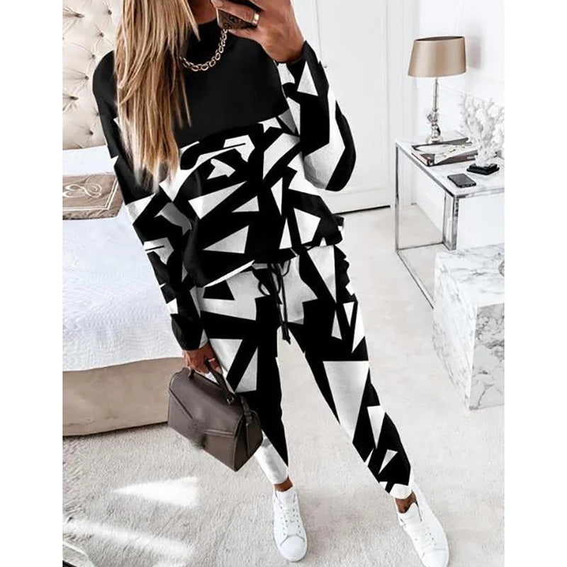 Casual Geometric Print Long Sleeve Two Piece Sets