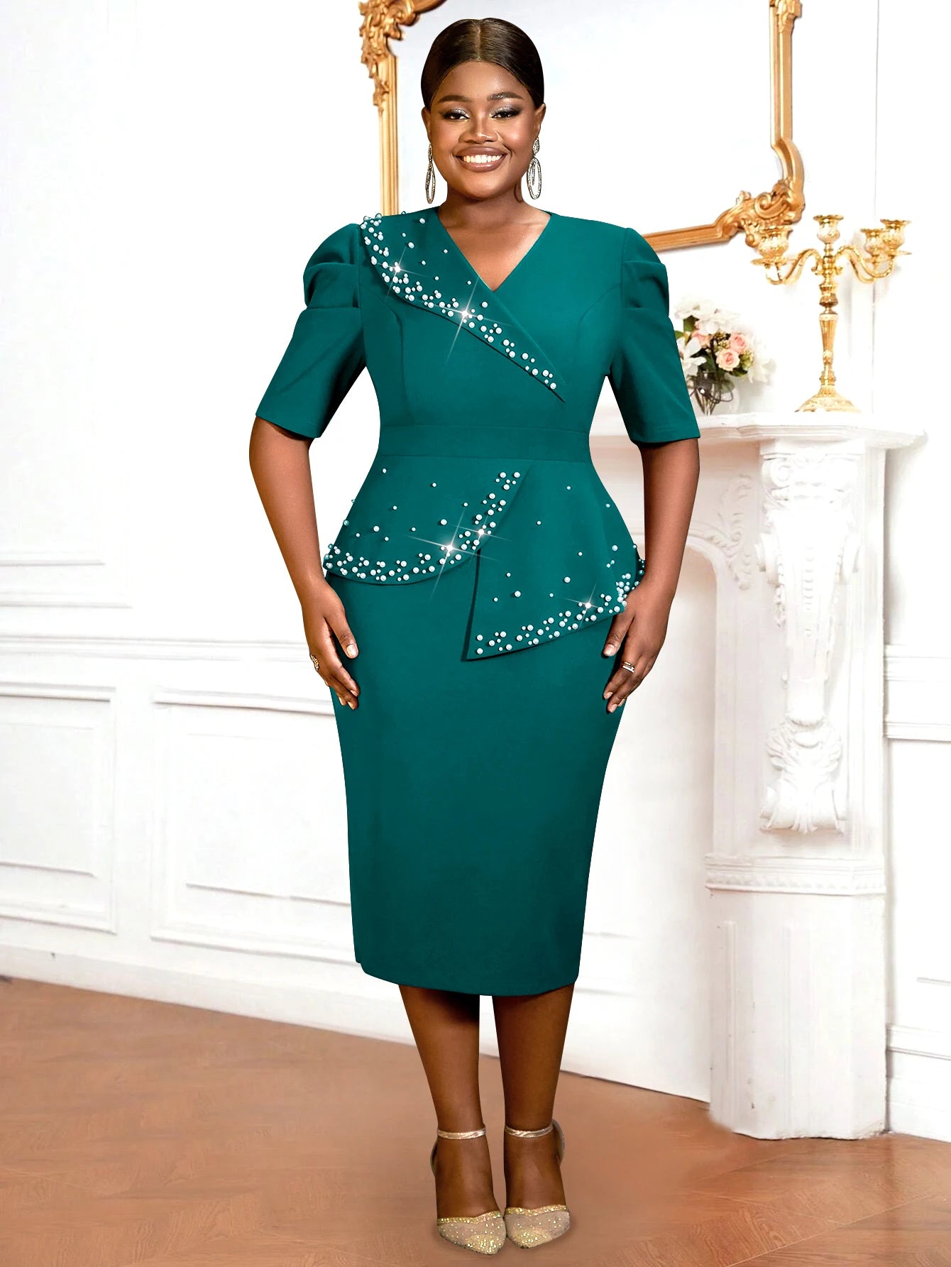Beaded Half Sleeve Peplum Dress