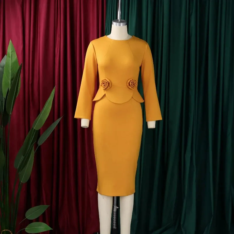 Full Sleeve Floral Decorated Solid Sheath Dress Dress