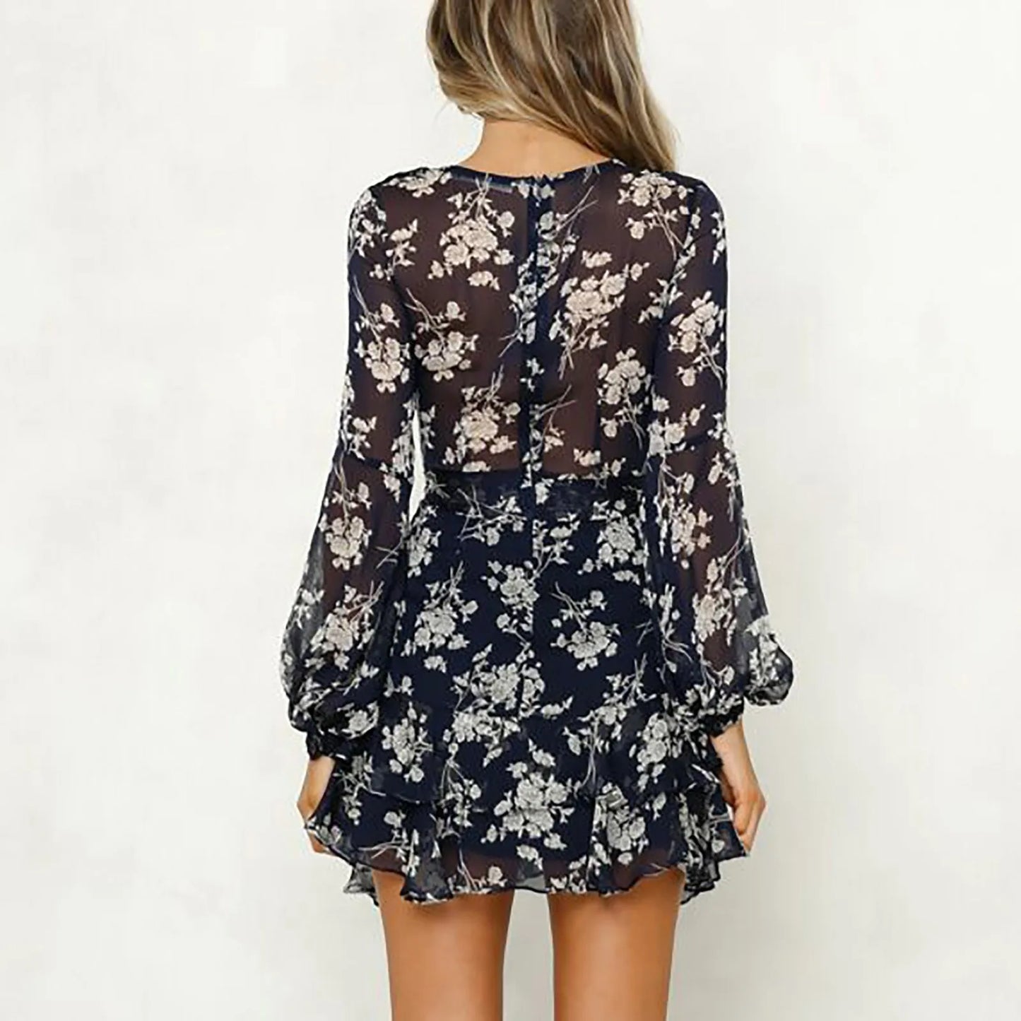Long Sleeve Bohemian Print Sheer Mesh Dress
