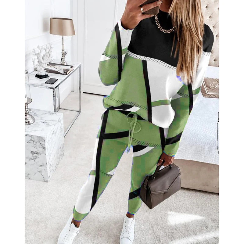 Casual Geometric Print Long Sleeve Two Piece Sets