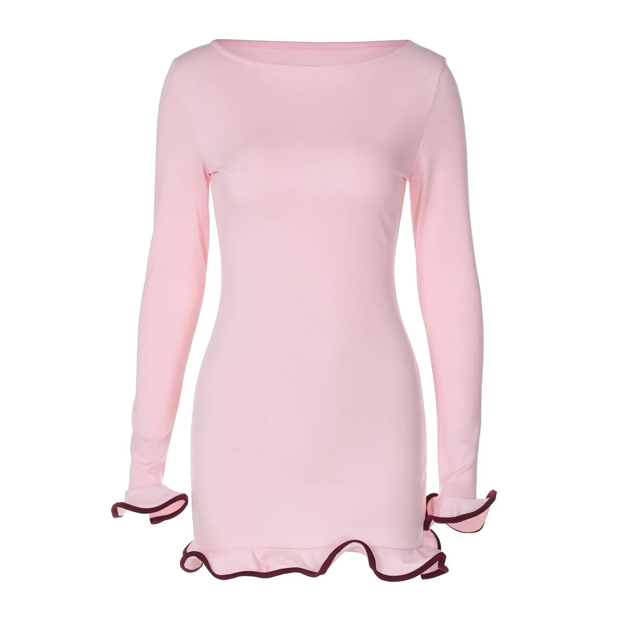 Round Neck Long Sleeve Ruffle Mini Dress