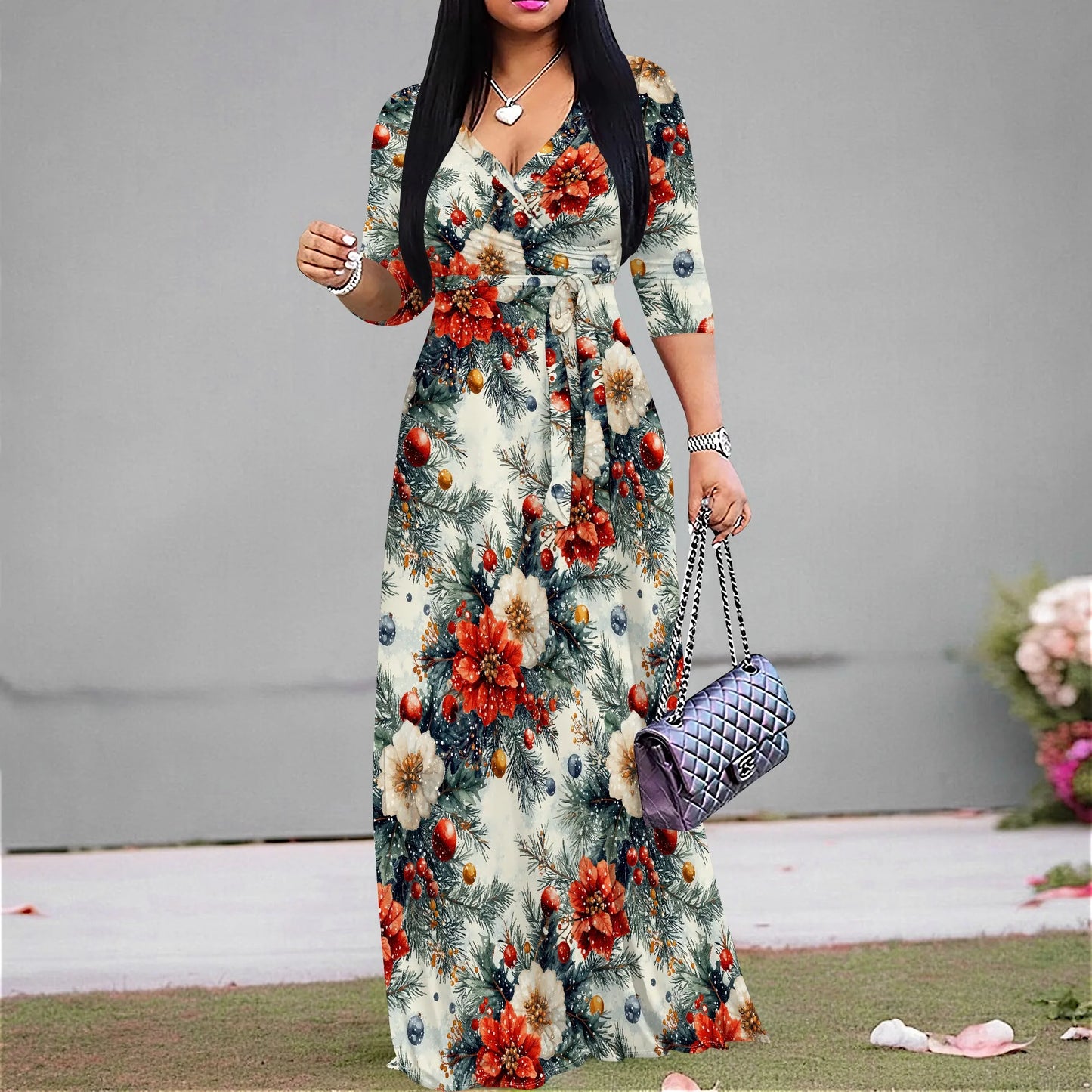Floral Print Maxi Dress with Belt