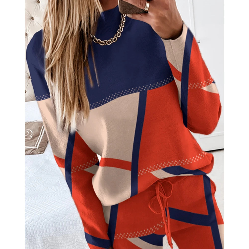 Casual Geometric Print Long Sleeve Two Piece Sets