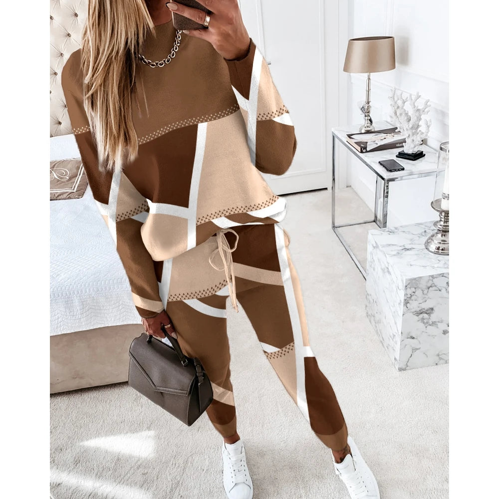 Casual Geometric Print Long Sleeve Two Piece Sets