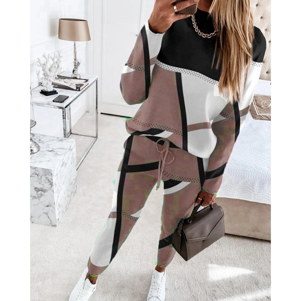 Casual Geometric Print Long Sleeve Two Piece Sets