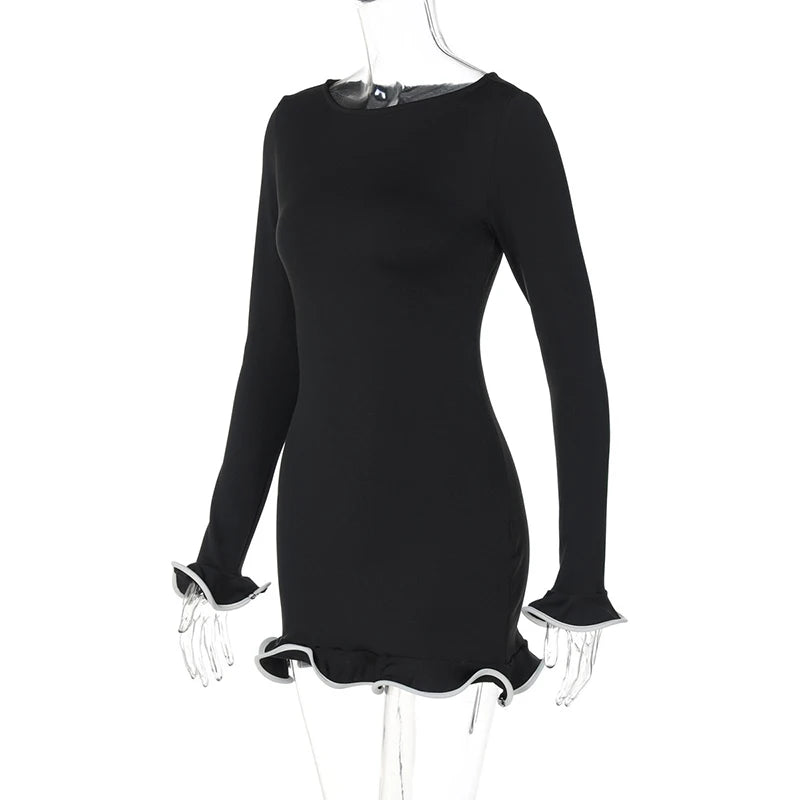 Round Neck Long Sleeve Ruffle Mini Dress