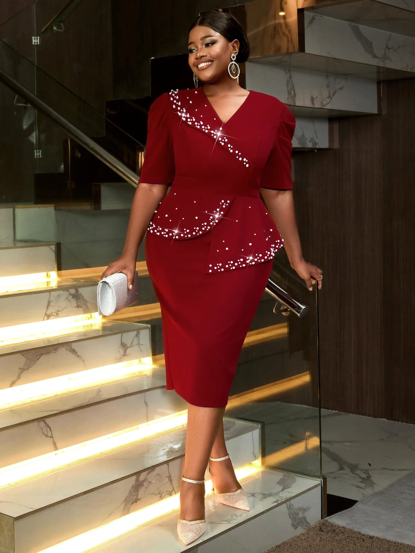 Beaded Half Sleeve Peplum Dress