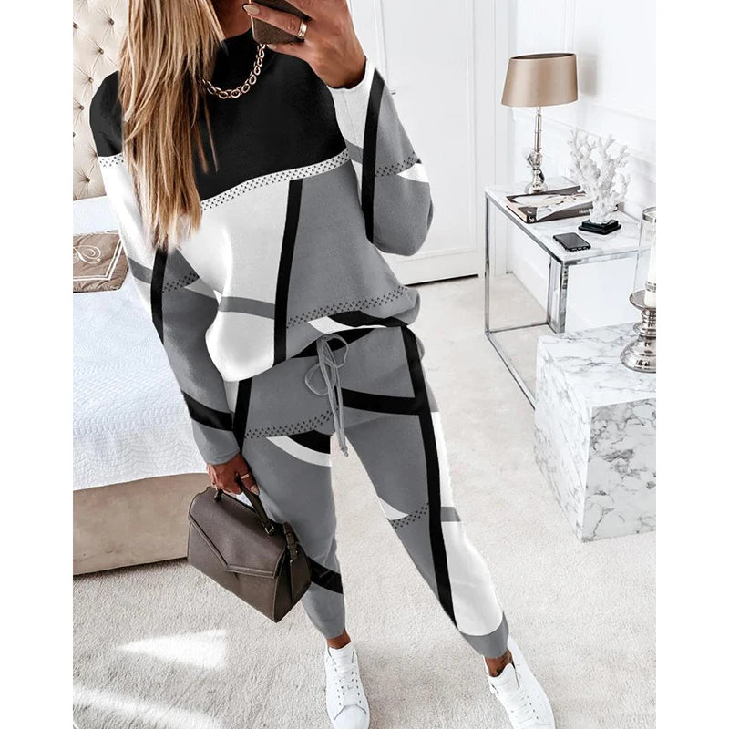 Casual Geometric Print Long Sleeve Two Piece Sets