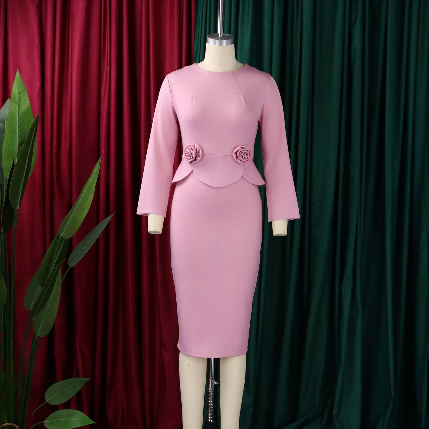 Full Sleeve Floral Decorated Solid Sheath Dress Dress