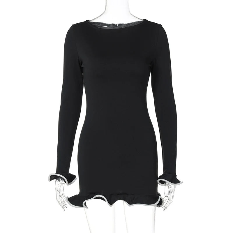 Round Neck Long Sleeve Ruffle Mini Dress