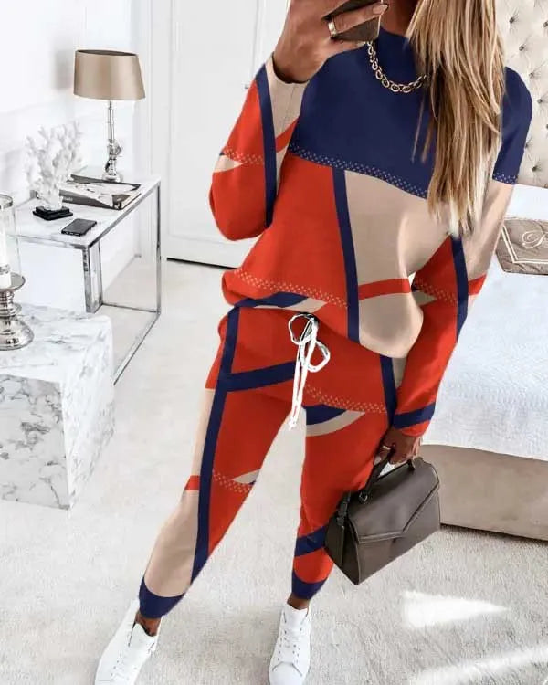 Casual Geometric Print Long Sleeve Two Piece Sets