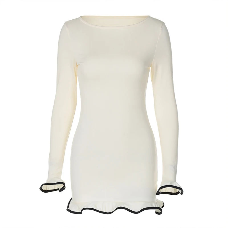 Round Neck Long Sleeve Ruffle Mini Dress