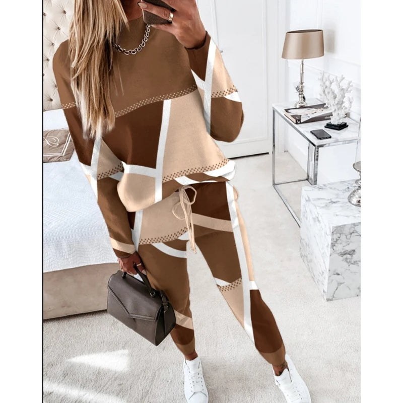 Casual Geometric Print Long Sleeve Two Piece Sets