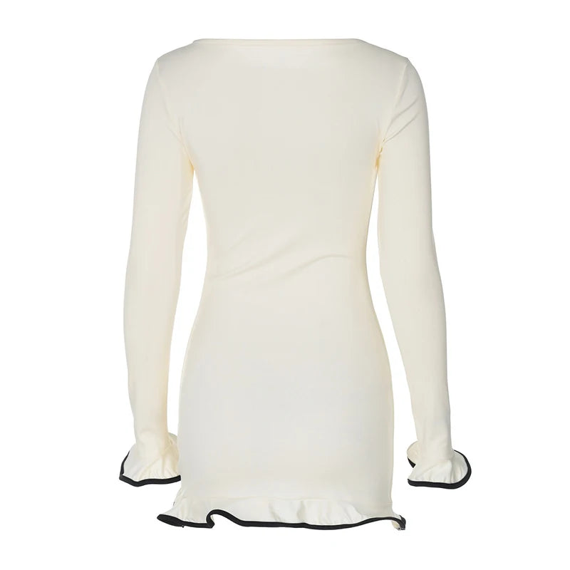 Round Neck Long Sleeve Ruffle Mini Dress