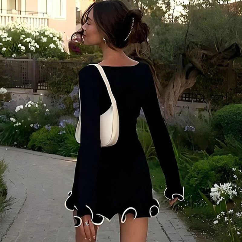 Round Neck Long Sleeve Ruffle Mini Dress