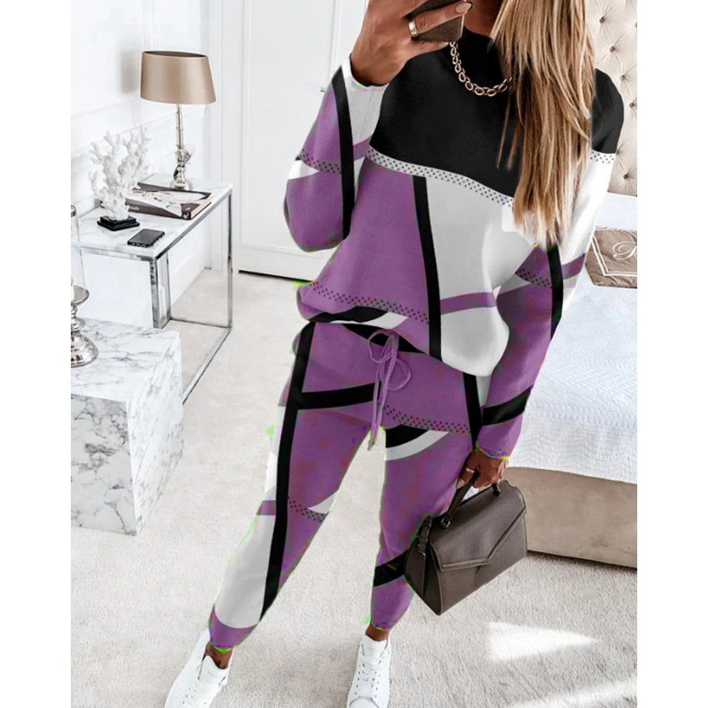 Casual Geometric Print Long Sleeve Two Piece Sets