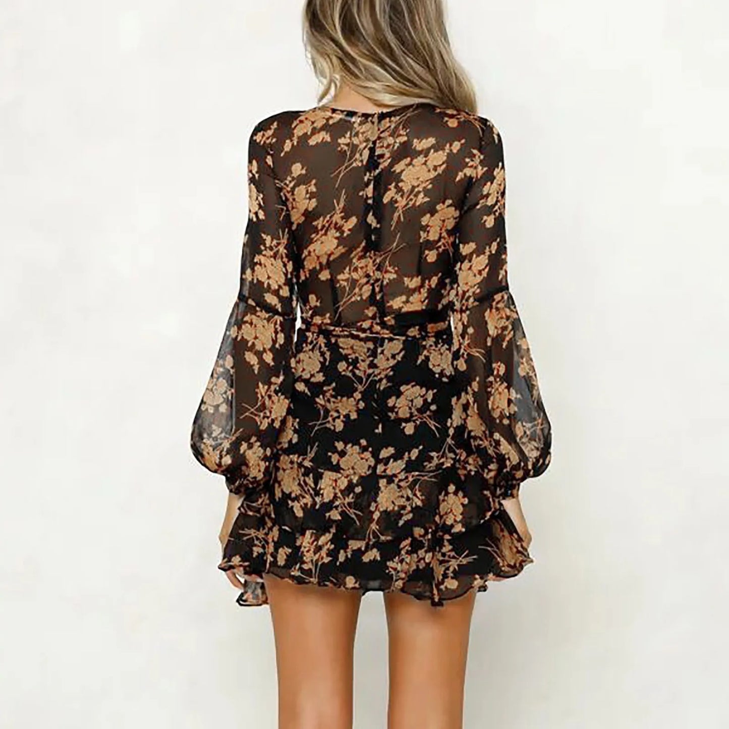 Long Sleeve Bohemian Print Sheer Mesh Dress