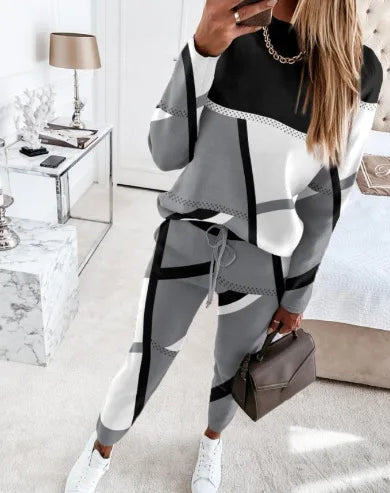 Casual Geometric Print Long Sleeve Two Piece Sets