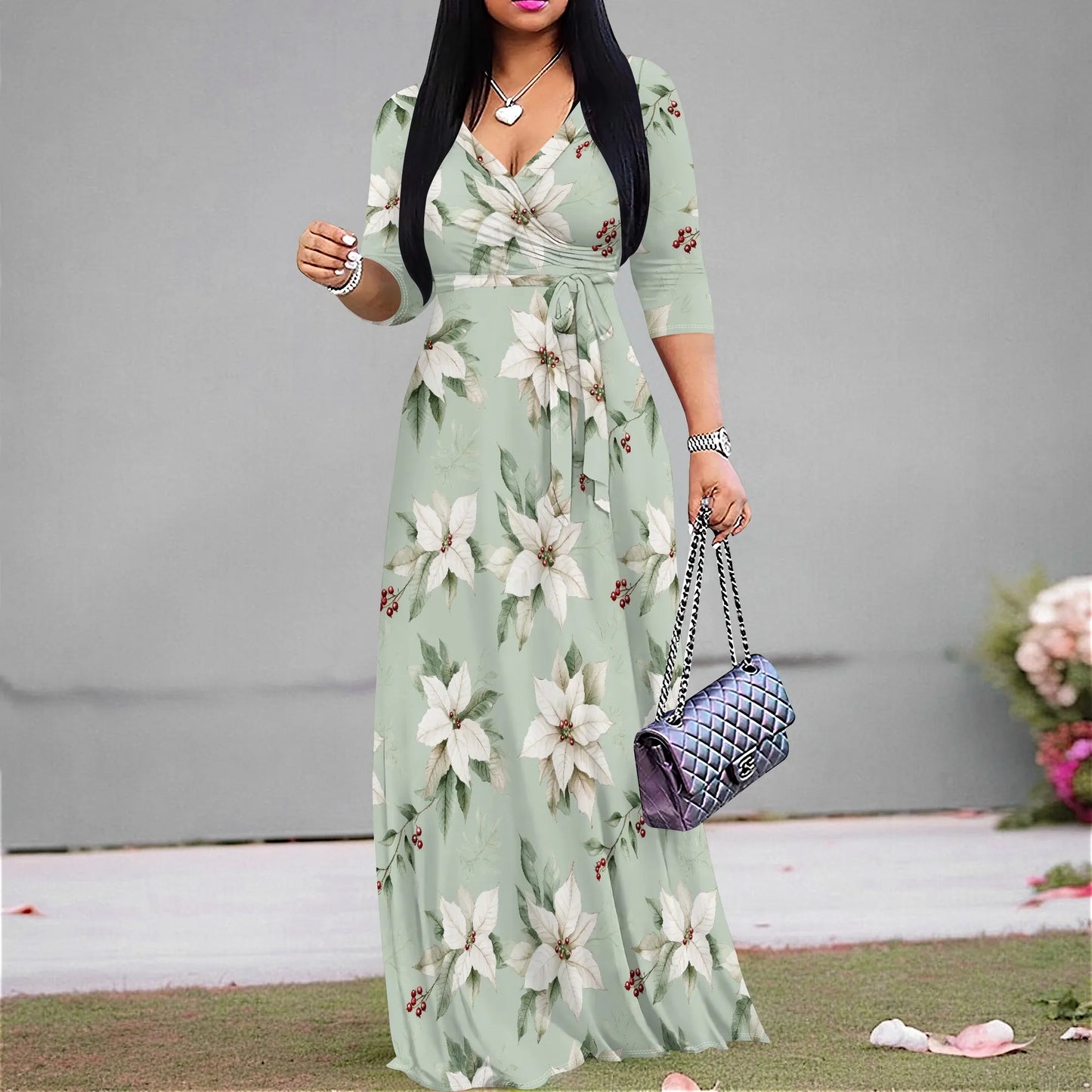 Floral Print Maxi Dress with Belt