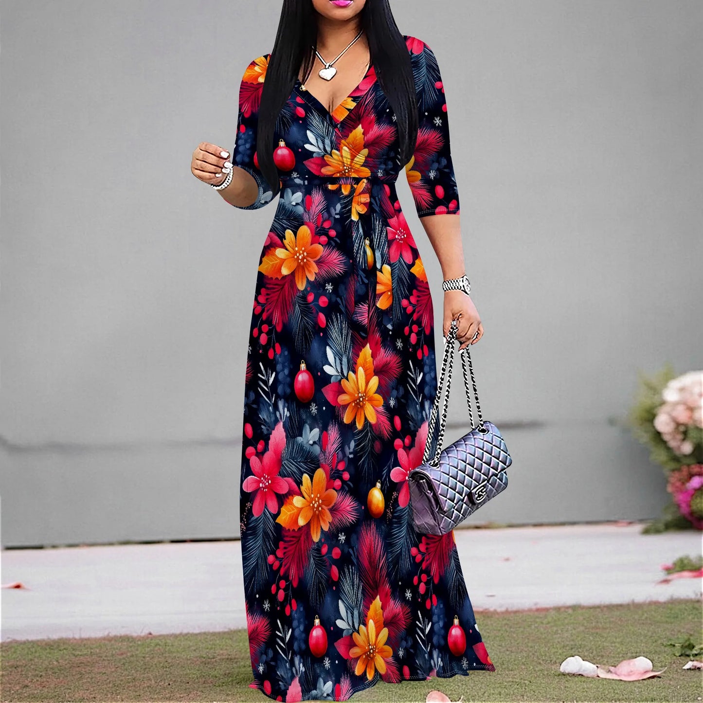 Floral Print Maxi Dress with Belt
