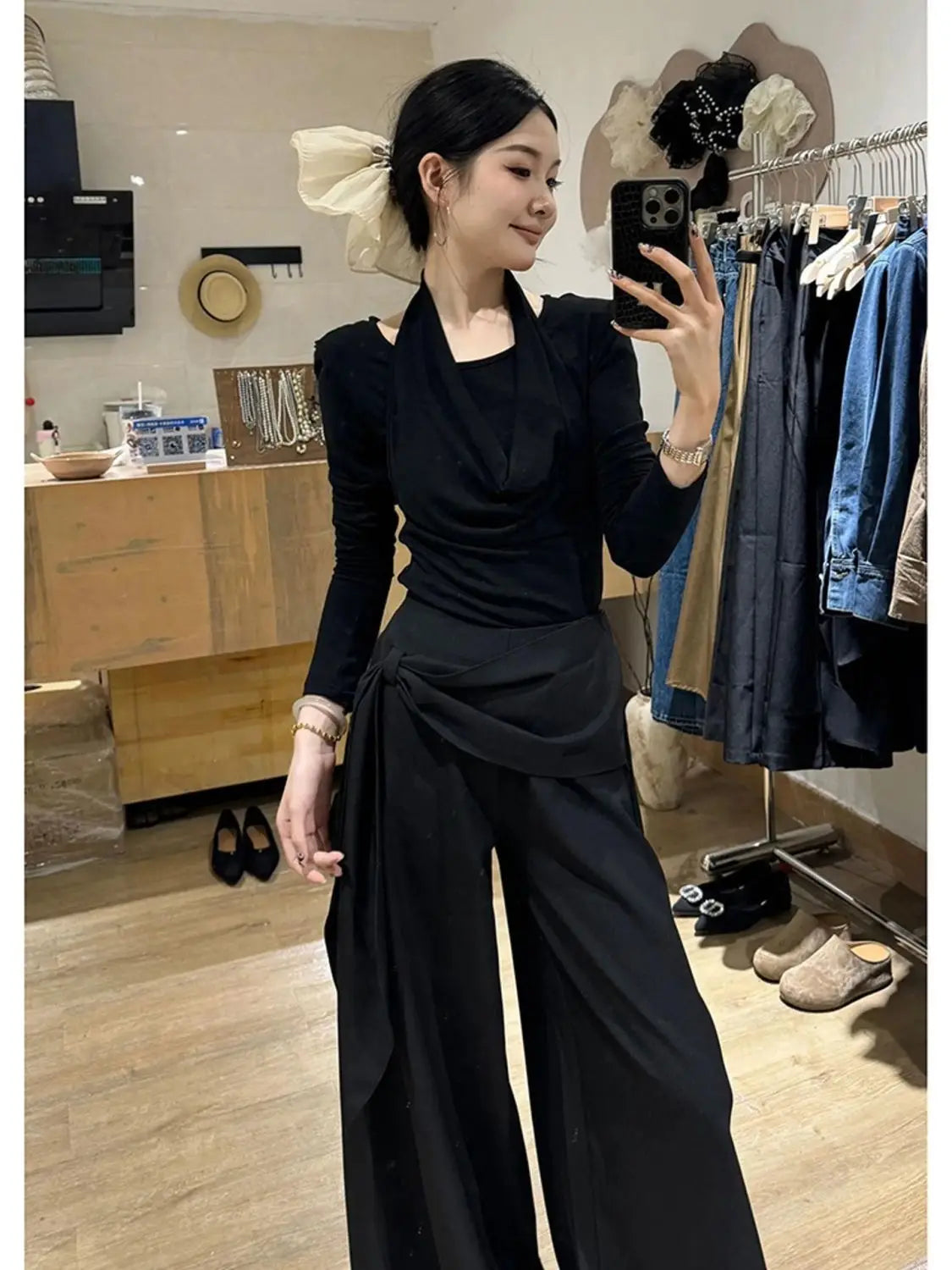 Women's 2-Piece Set: Wrap-Front Long-Sleeve Top Wide-Leg Pants