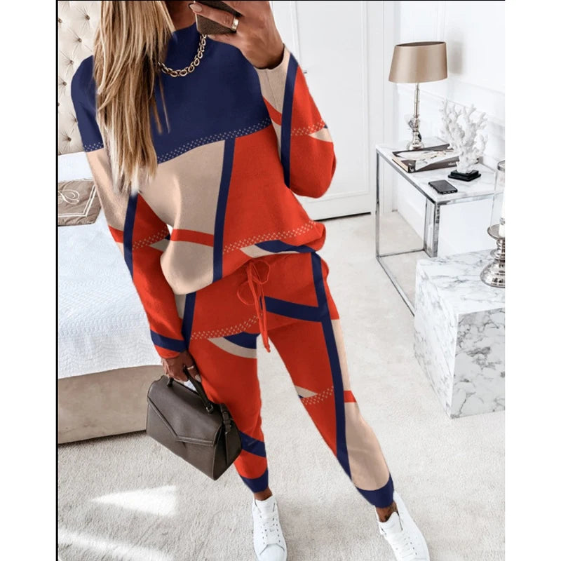 Casual Geometric Print Long Sleeve Two Piece Sets