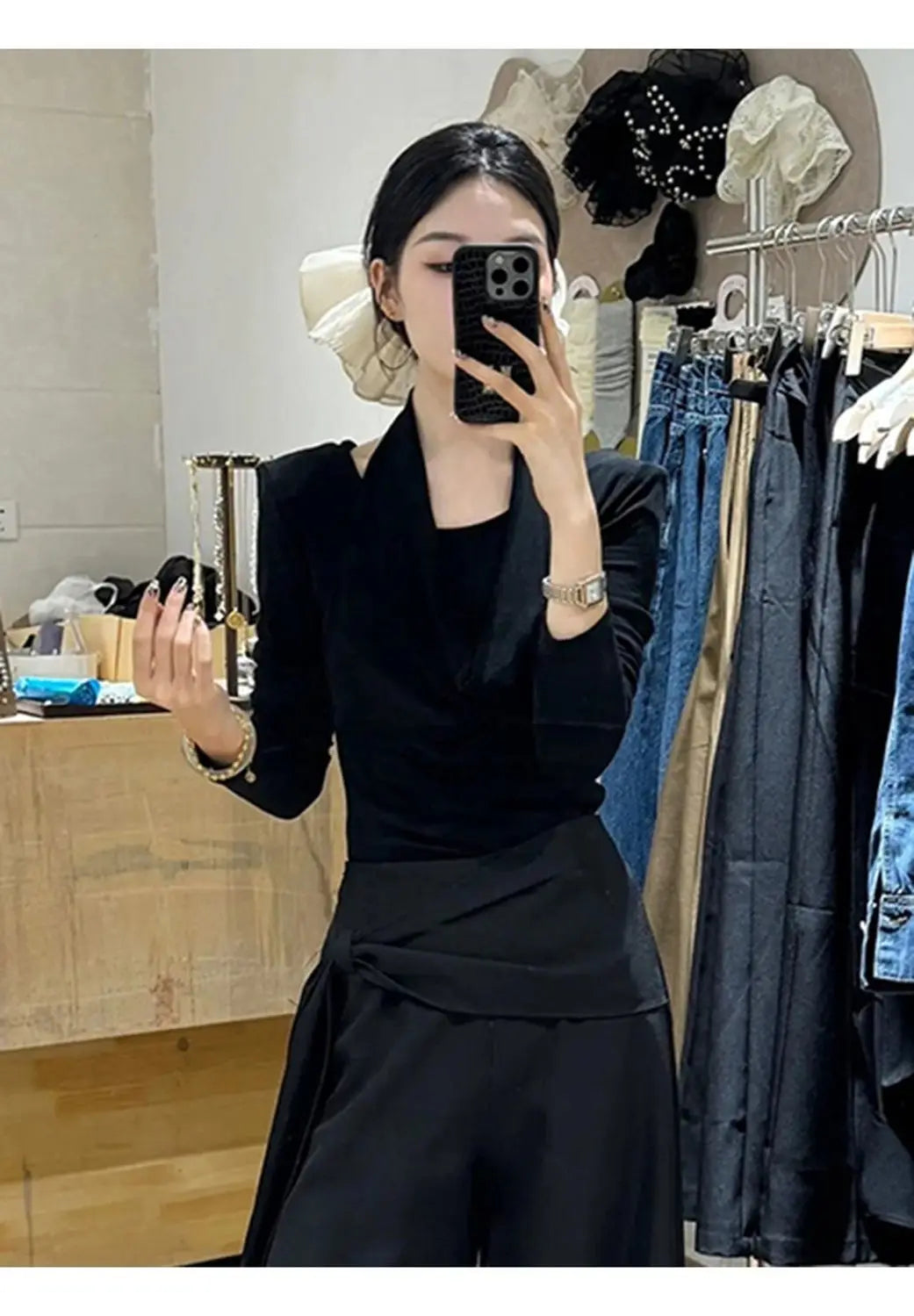 Women's 2-Piece Set: Wrap-Front Long-Sleeve Top Wide-Leg Pants