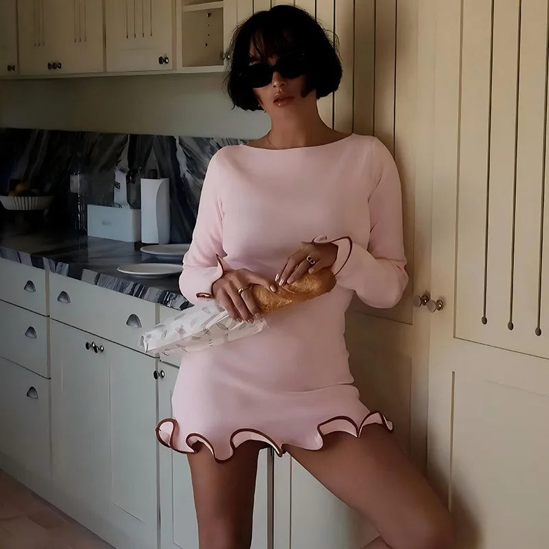 Round Neck Long Sleeve Ruffle Mini Dress