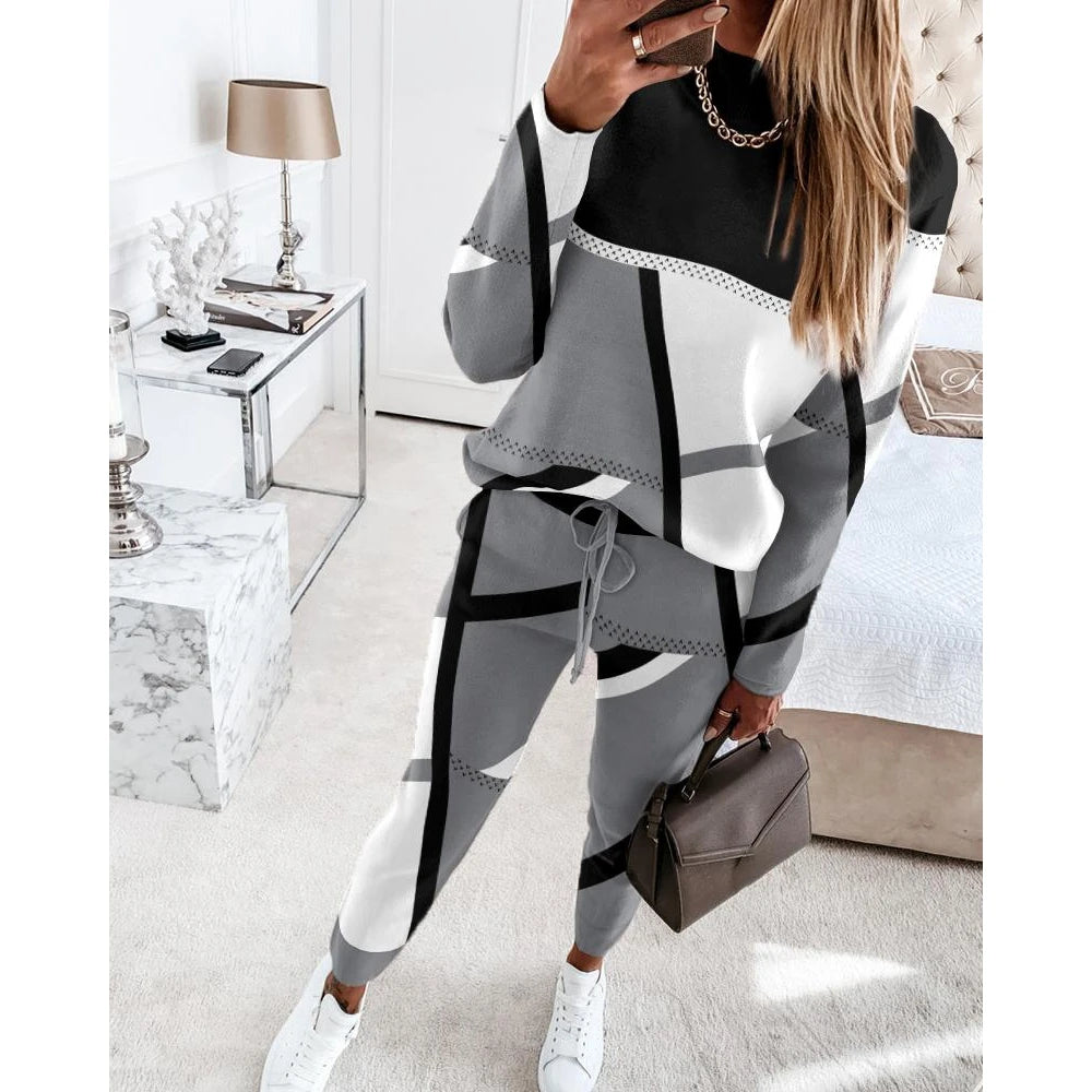 Casual Geometric Print Long Sleeve Two Piece Sets