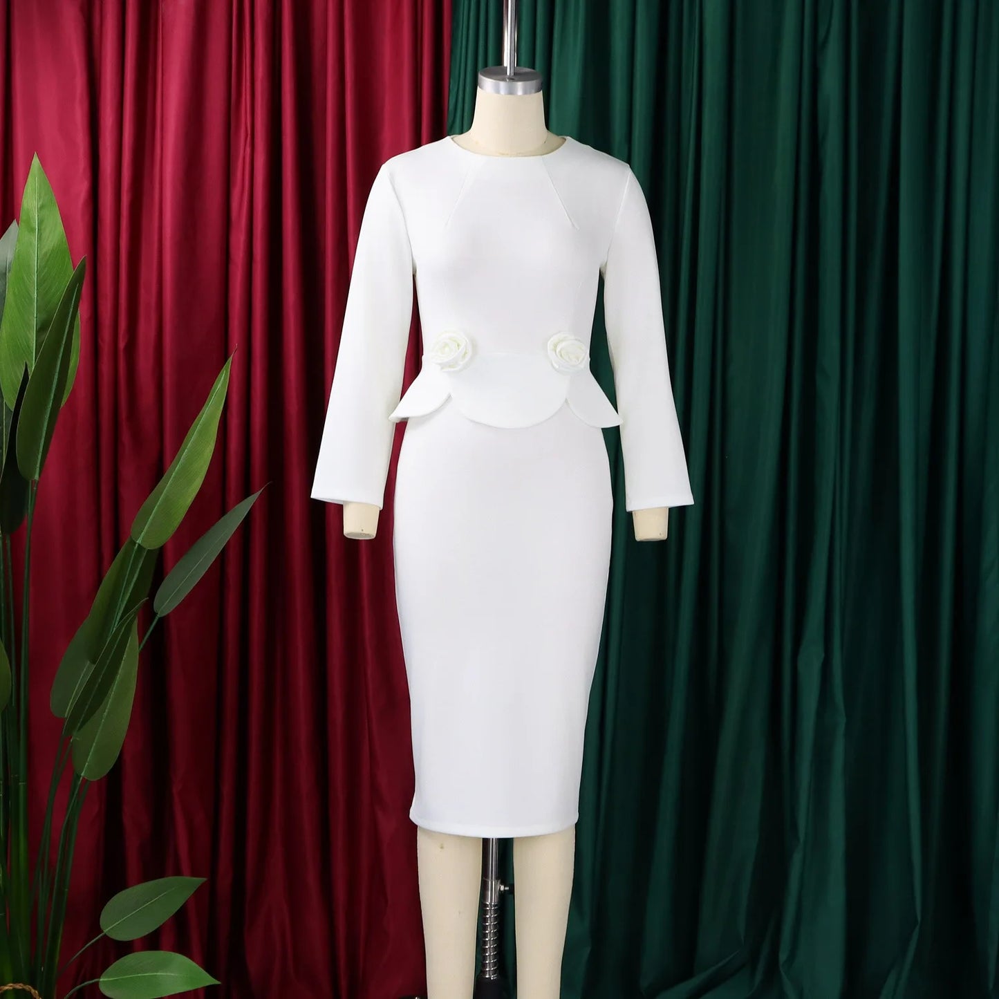 Full Sleeve Floral Decorated Solid Sheath Dress Dress