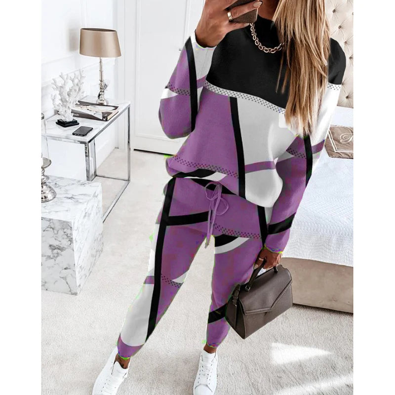 Casual Geometric Print Long Sleeve Two Piece Sets