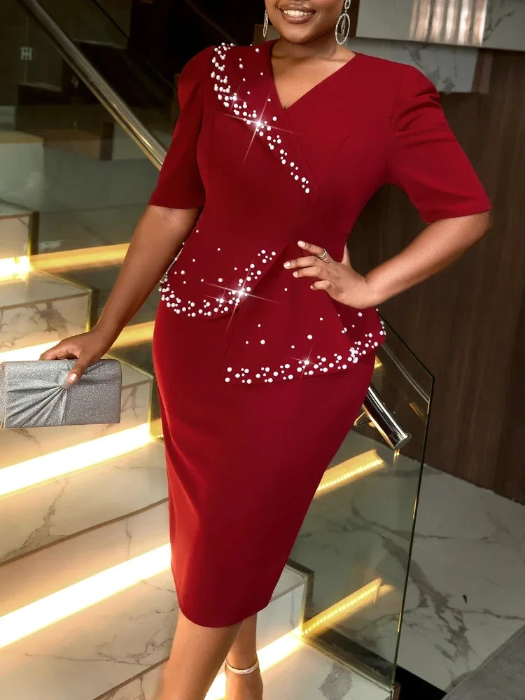 Beaded Half Sleeve Peplum Dress