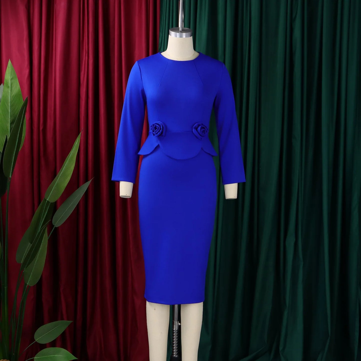 Full Sleeve Floral Decorated Solid Sheath Dress Dress