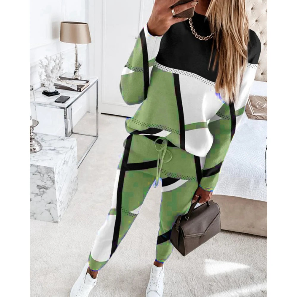 Casual Geometric Print Long Sleeve Two Piece Sets